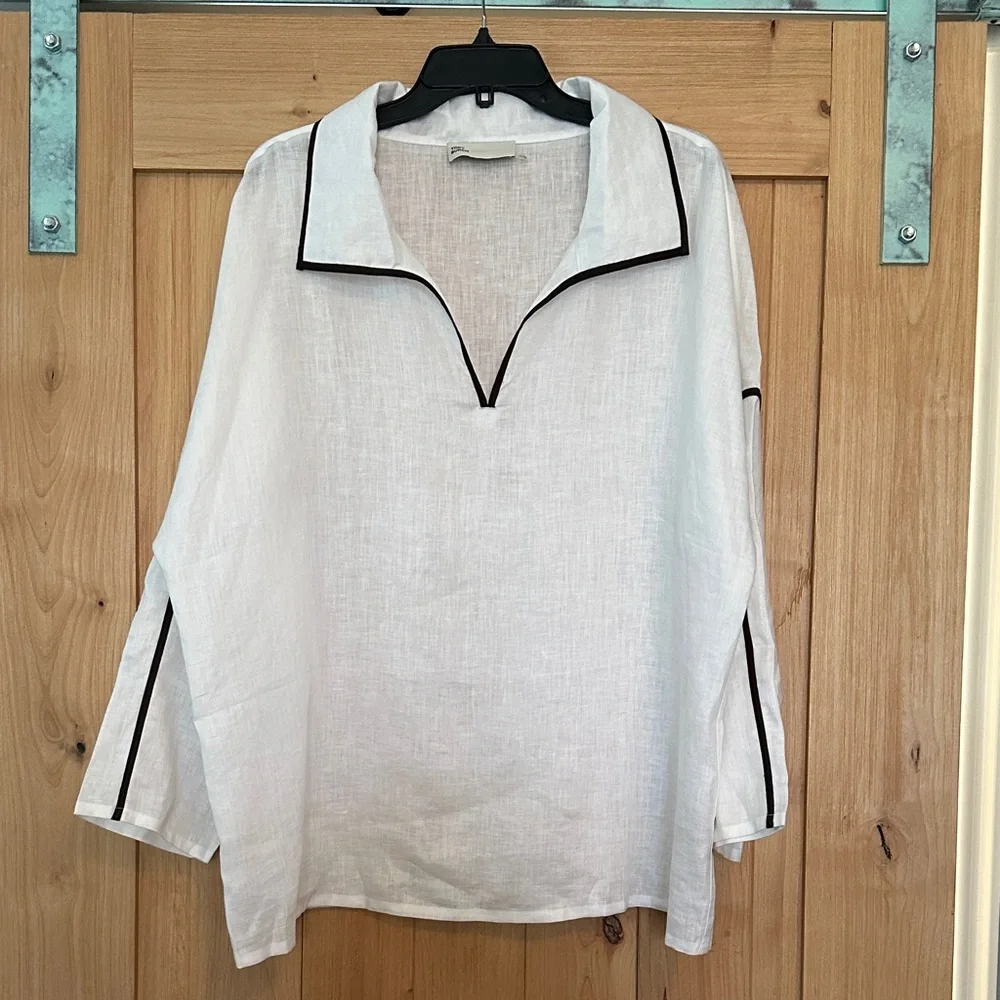 Tory Burch Linen Tunic Shirt White w/ Brown Contrast Taping Size S NWOT - Picture 5 of 9